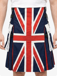 Kilt with Union Jack design worn by a person on a white background