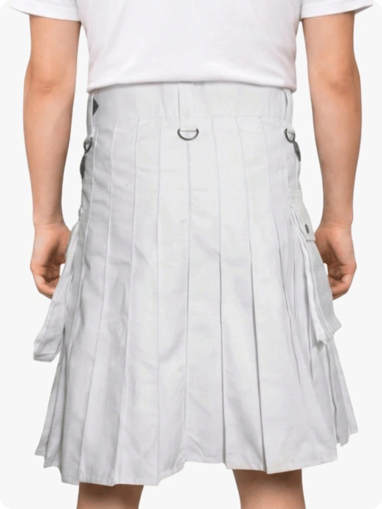White Utility Kilt With Leather Straps