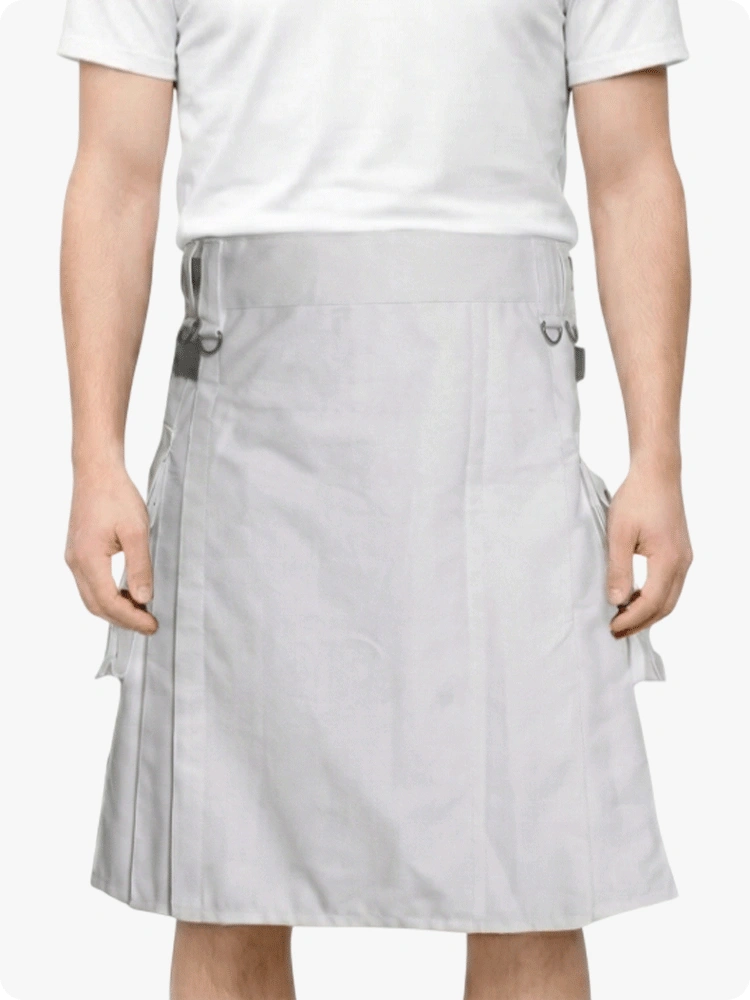 White Utility Kilt With Leather Straps