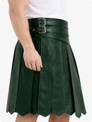 Dark Green Leather Highland Kilt Adjustable Buckle Waist & Classic Pleats