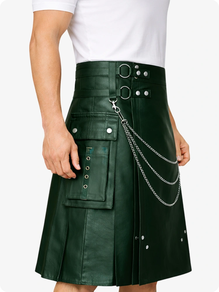 Dark Green Leather Utility Kilt with Chain Detailing & Adjustable Straps