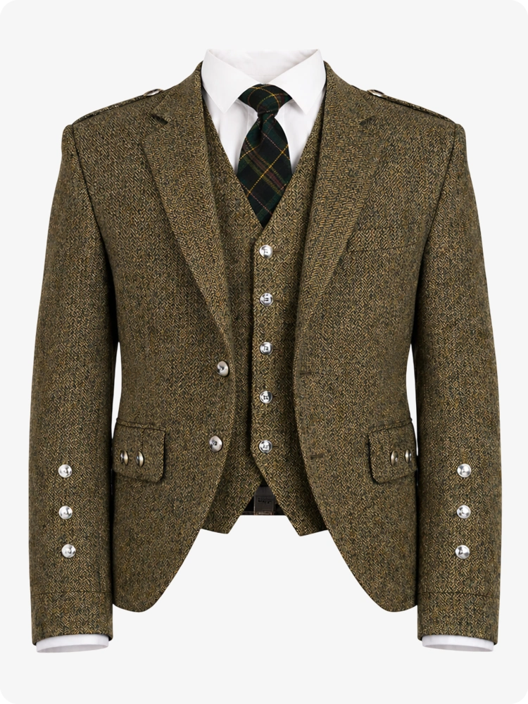 Brown tweed suit with a tie on a white background