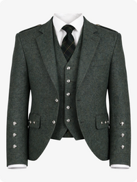 Gray blazer with silver buttons and a plaid tie on a white background