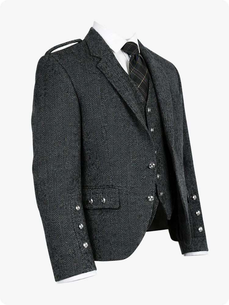Gray blazer with decorative buttons on a white background