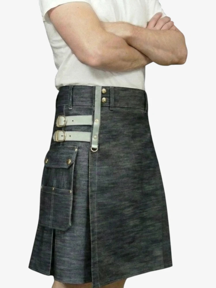 Denim Utility Kilt With Adjustable Straps