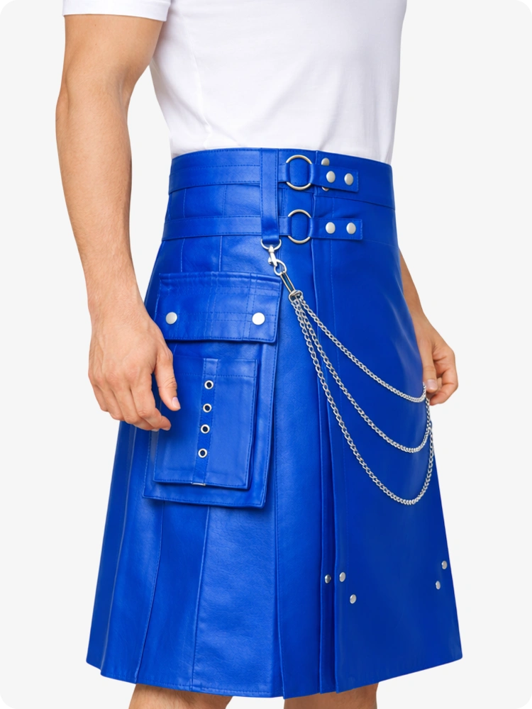 Electric Blue Leather Utility Kilt with Chain Detailing & Adjustable Straps