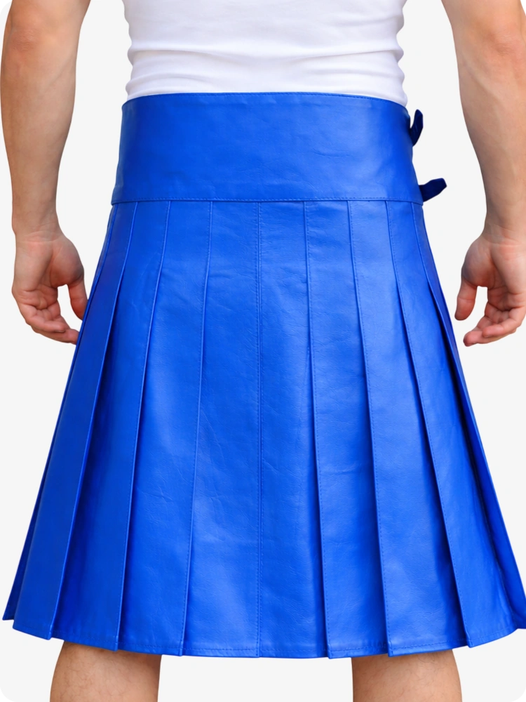 Electric Blue pleated skirt worn by a person on a white background