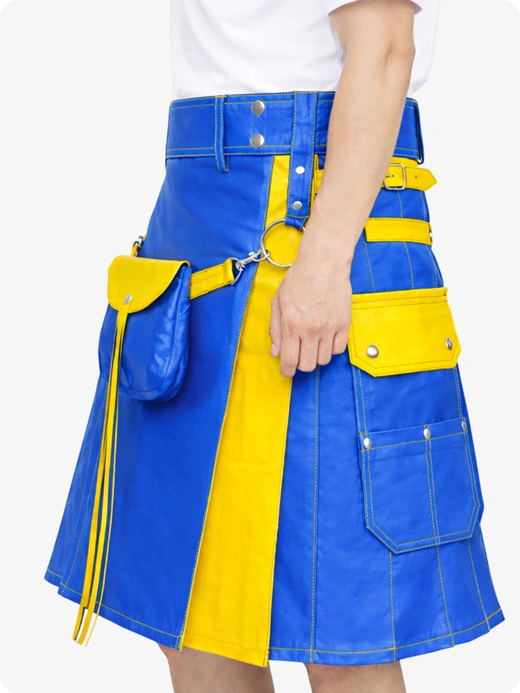 Electric Blue Leather Utility Kilt with Yellow Accents & Detachable Pockets