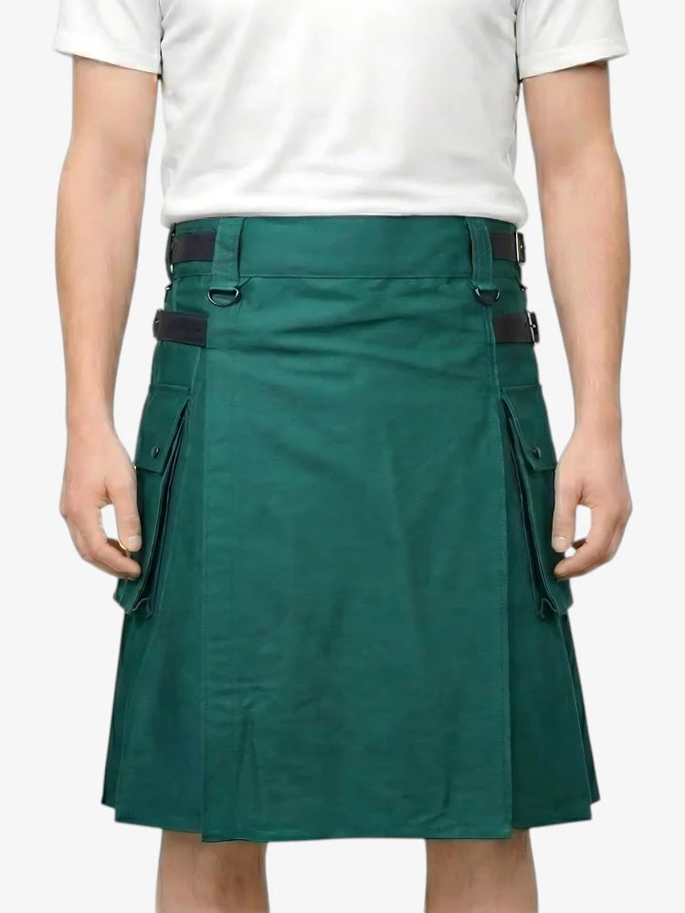 Green kilt worn by a person on a white background