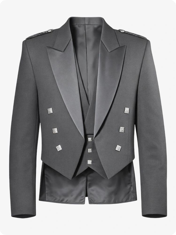 Gray formal jacket with satin lapels on a white background