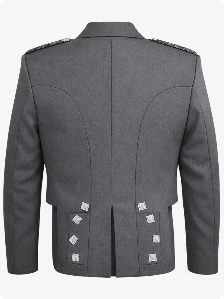 Gray military-style jacket with shoulder epaulets on a white background