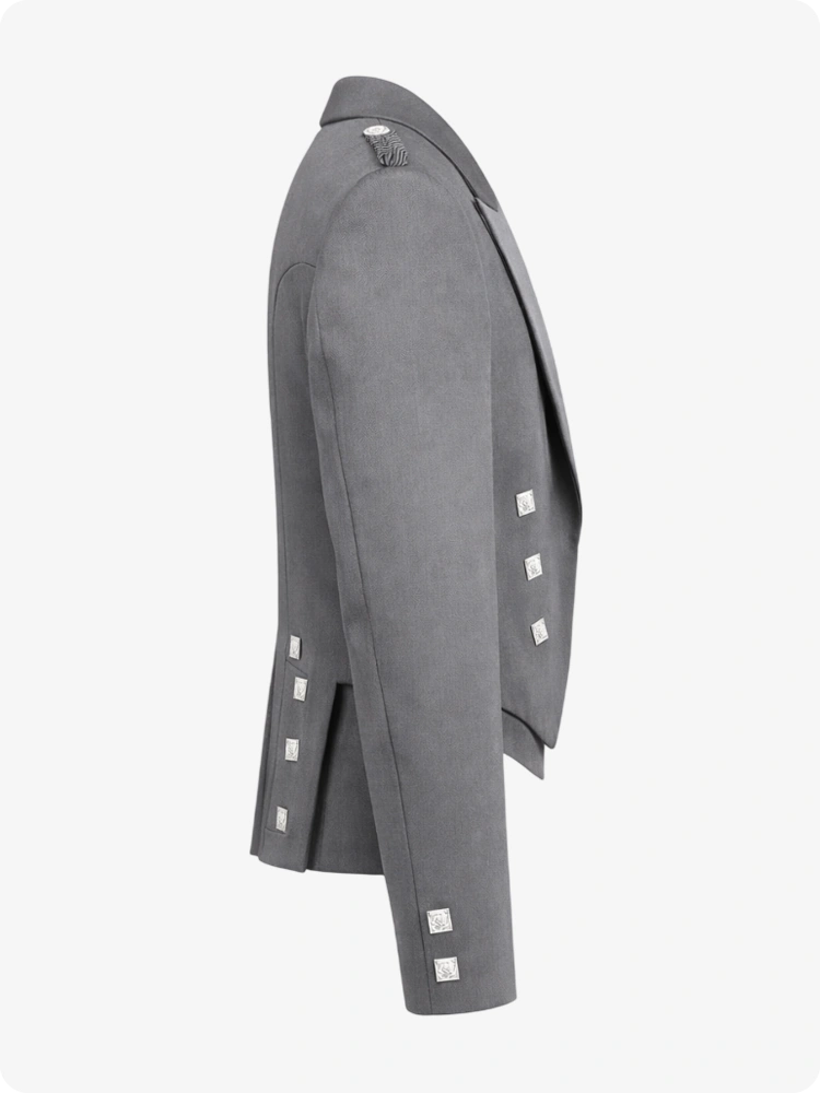 Gray coat with white square patterns on a white background