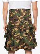 Camouflage skirt worn by a person on a white background