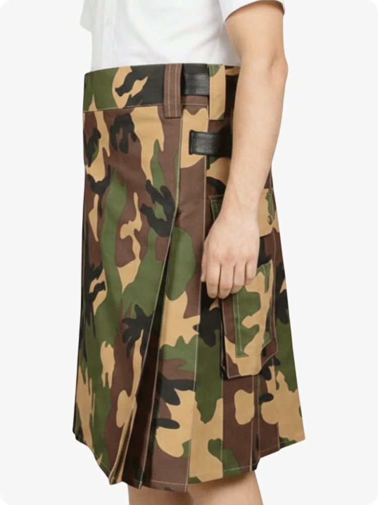 Camouflage skirt worn by a person on a white background