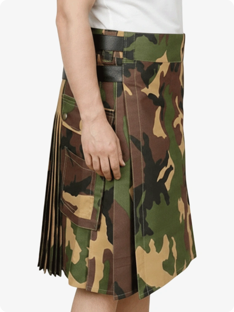 Camouflage kilt worn by a person on a white background