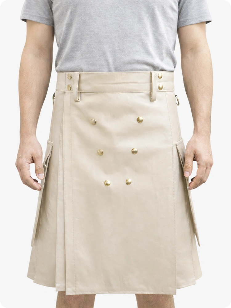 Handcrafted Biege Cream Leather Utility Kilt with Front Button Rivets