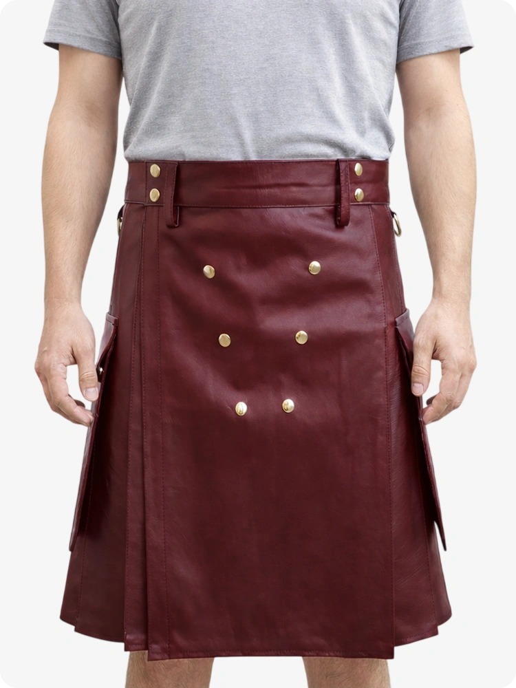 Handcrafted Burgundy Leather Utility Kilt with Front Button Rivets
