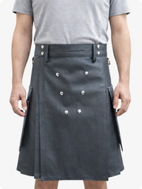 Handcrafted Charcoal Leather Utility Kilt with Front Button Rivets