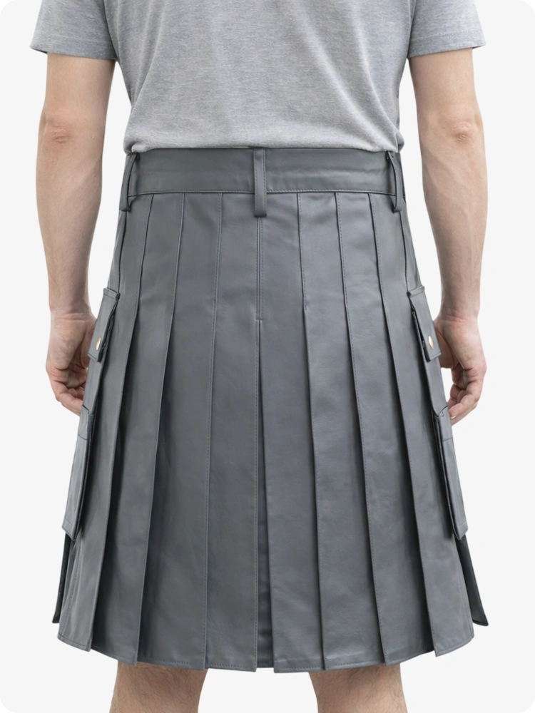 Handcrafted Grey Leather Utility Kilt with Front Button Rivets