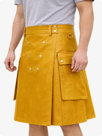 Handcrafted Mustard Yellow Leather Utility Kilt with Front Button Rivets