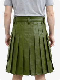 Handcrafted Olive Green Leather Utility Kilt with Front Button Rivets
