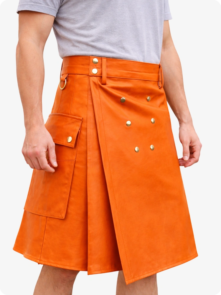 Handcrafted Orange Leather Utility Kilt with Front Button Rivets