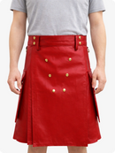 Handcrafted Red Leather Utility Kilt with Front Button Rivets