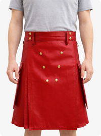 Handcrafted Red Leather Utility Kilt with Front Button Rivets
