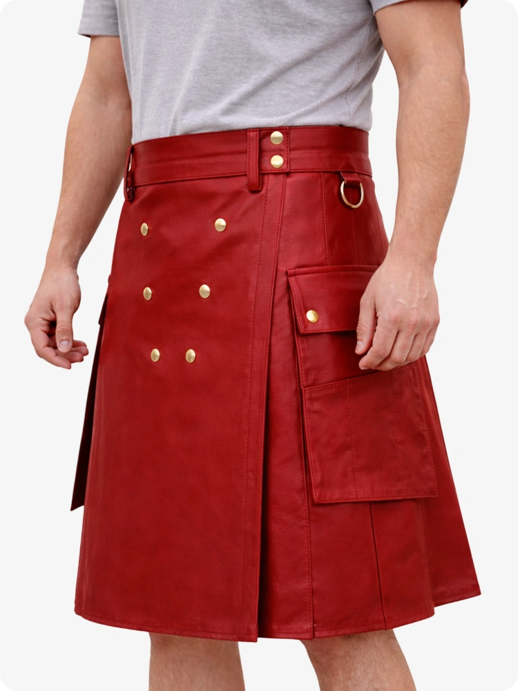 Handcrafted Red Leather Utility Kilt with Front Button Rivets
