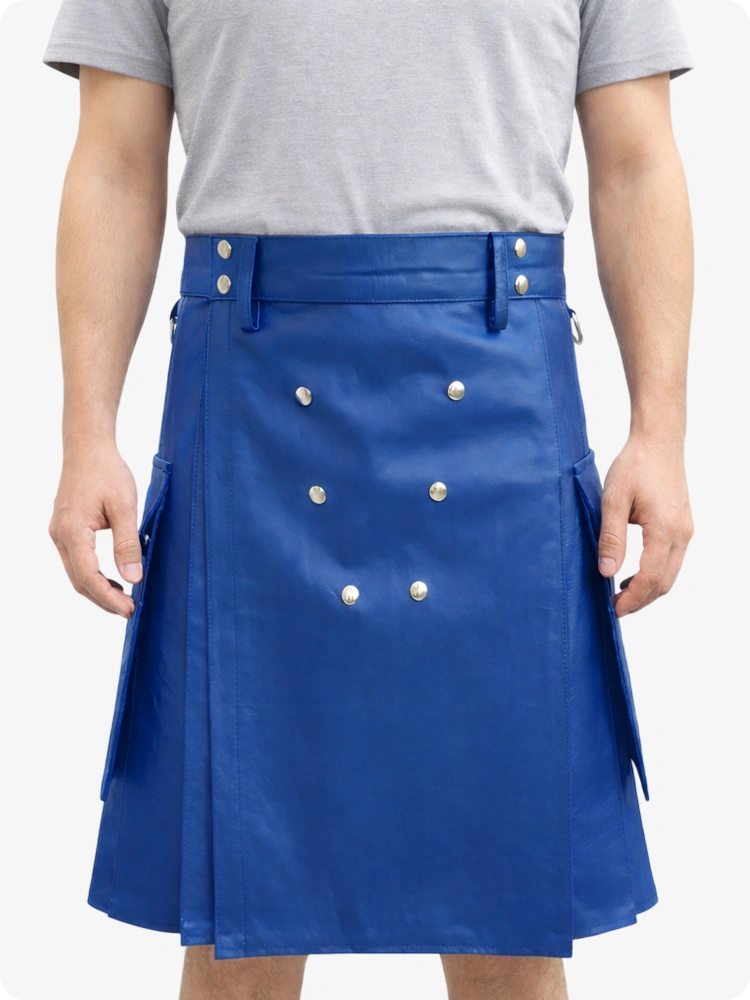 Handcrafted Royal Blue Leather Utility Kilt with Front Button Rivets