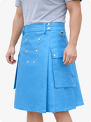 Handcrafted Sky Blue Leather Utility Kilt with Front Button Rivets