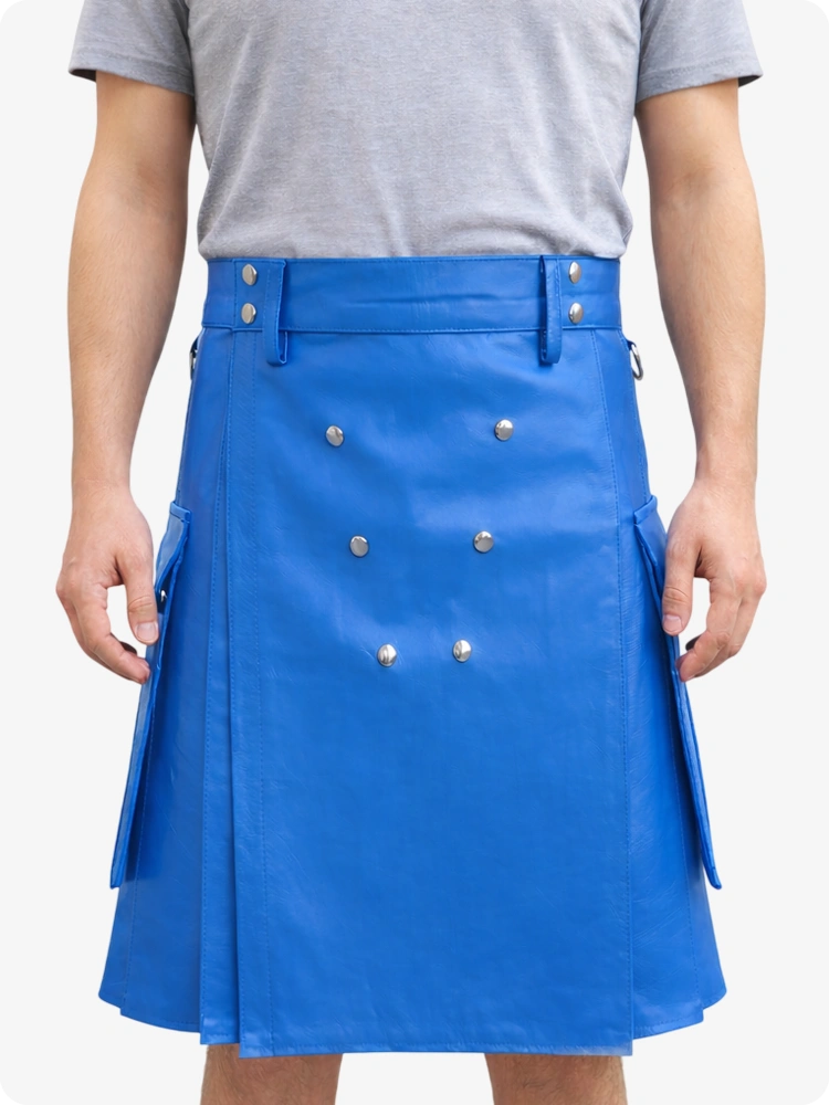 Handcrafted Standard Blue Leather Utility Kilt with Front Button Rivets