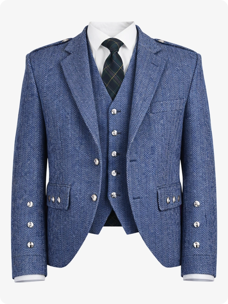 Blue tweed suit with a tie on a white background