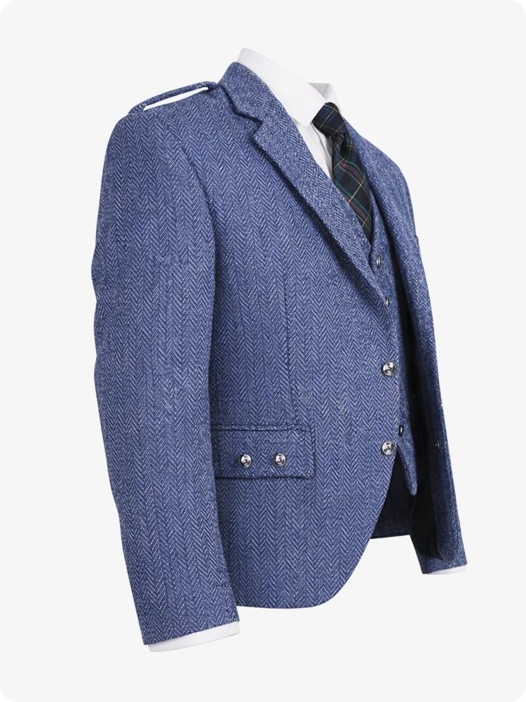 Blue textured blazer on a mannequin with a white background