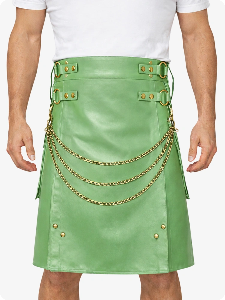 Light Green Leather Utility Kilt with Chain Detailing & Adjustable Straps