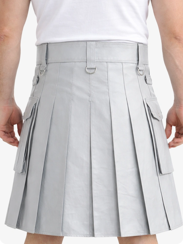 Light Grey Genuine Leather Utility Kilt with Cargo Pockets & D-Rings