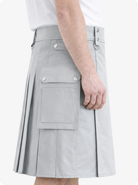 Light Grey Genuine Leather Utility Kilt with Cargo Pockets & D-Rings