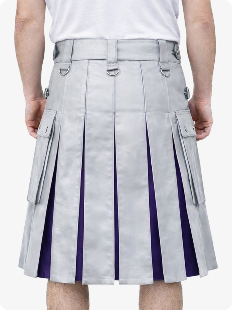 Light Gray kilt with purple accents worn by a person on a white background