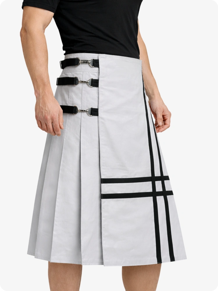 Light Grey Leather Utility Kilt with Side Buckles & Pleated Back