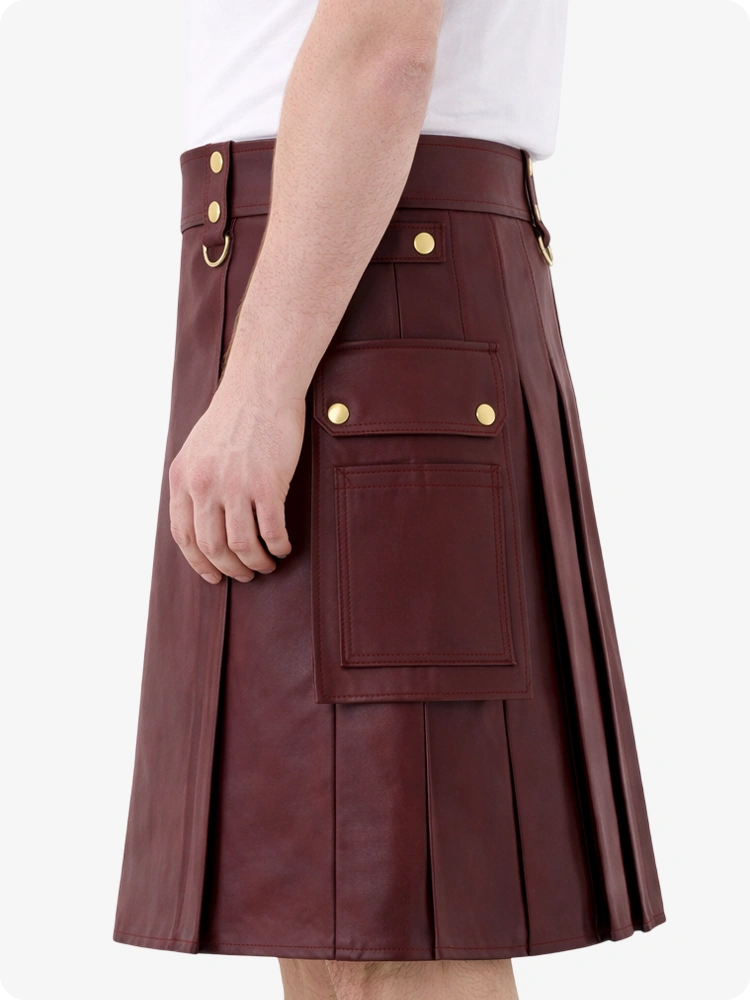 Maroon Genuine Leather Utility Kilt with Cargo Pockets & D-Rings