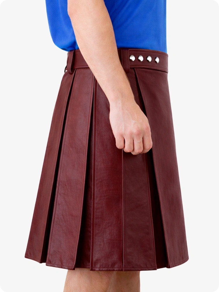 Maroon Genuine Leather Utility Kilt with Studded Waistband