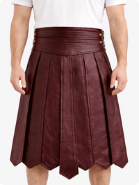 Maroon leather skirt worn by a person on a white background