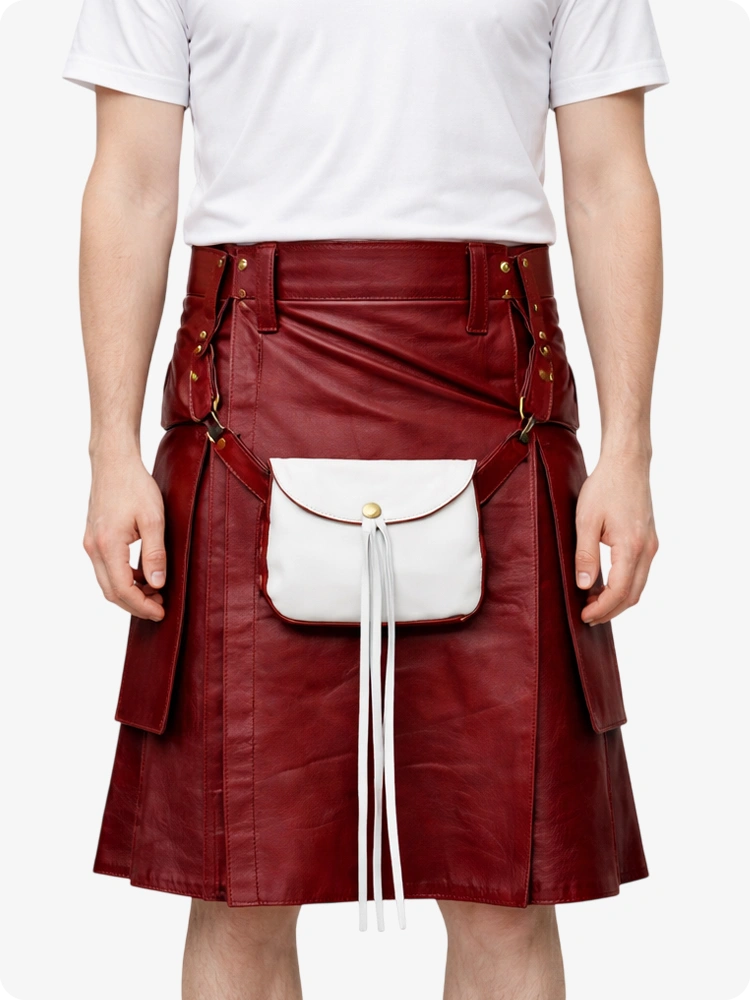 Maroon leather kilt with a white pouch on a plain background