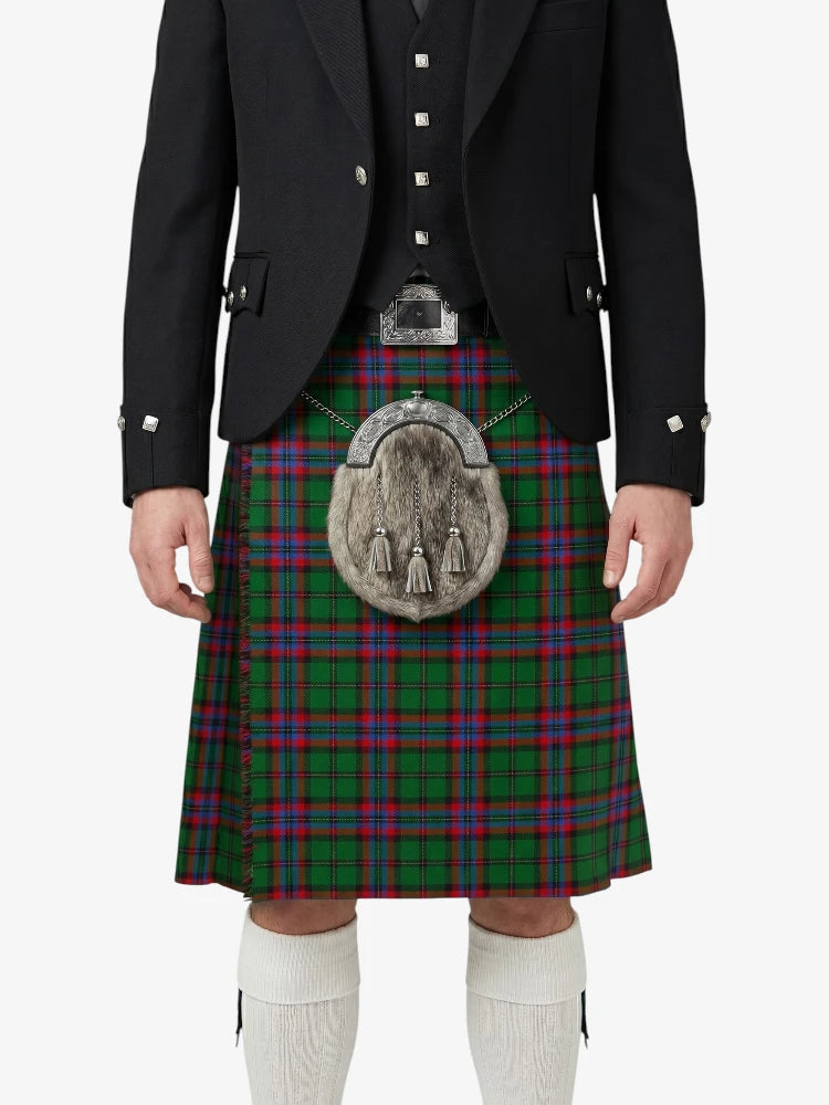 Person wearing a traditional Scottish kilt with a tartan pattern on a white background