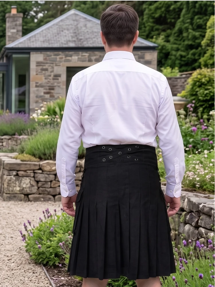 Casual Black Utility Kilt with Two Front Pockets