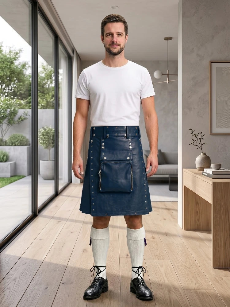Navy Blue Leather Utility Kilt