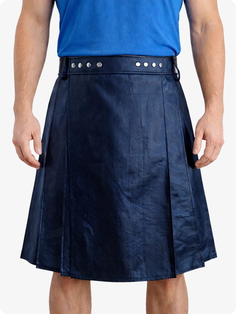 Navy Blue Genuine Leather Utility Kilt with Studded Waistband