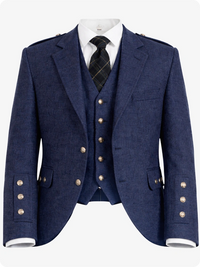 Navy blue suit with gold buttons on a white background