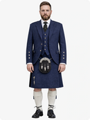 Man wearing a traditional Scottish kilt with a blue jacket and white socks on a white background