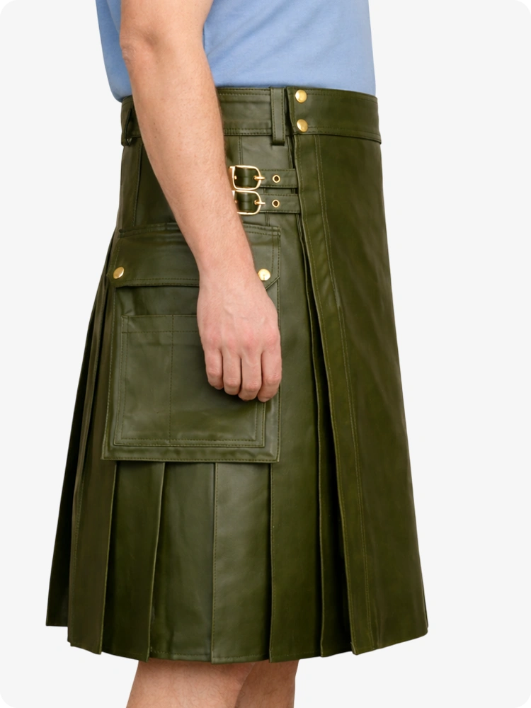 Olive Green Genuine Leather Utility Kilt with Side Pockets